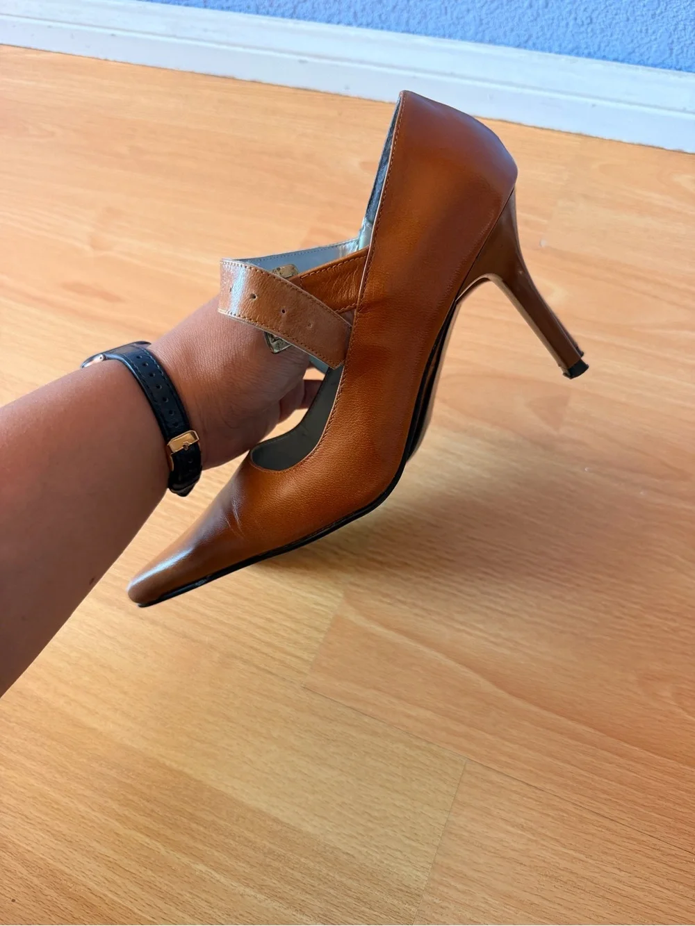 Janeth Brown Leather Pointed Toe Mary Jane Heels Size 6